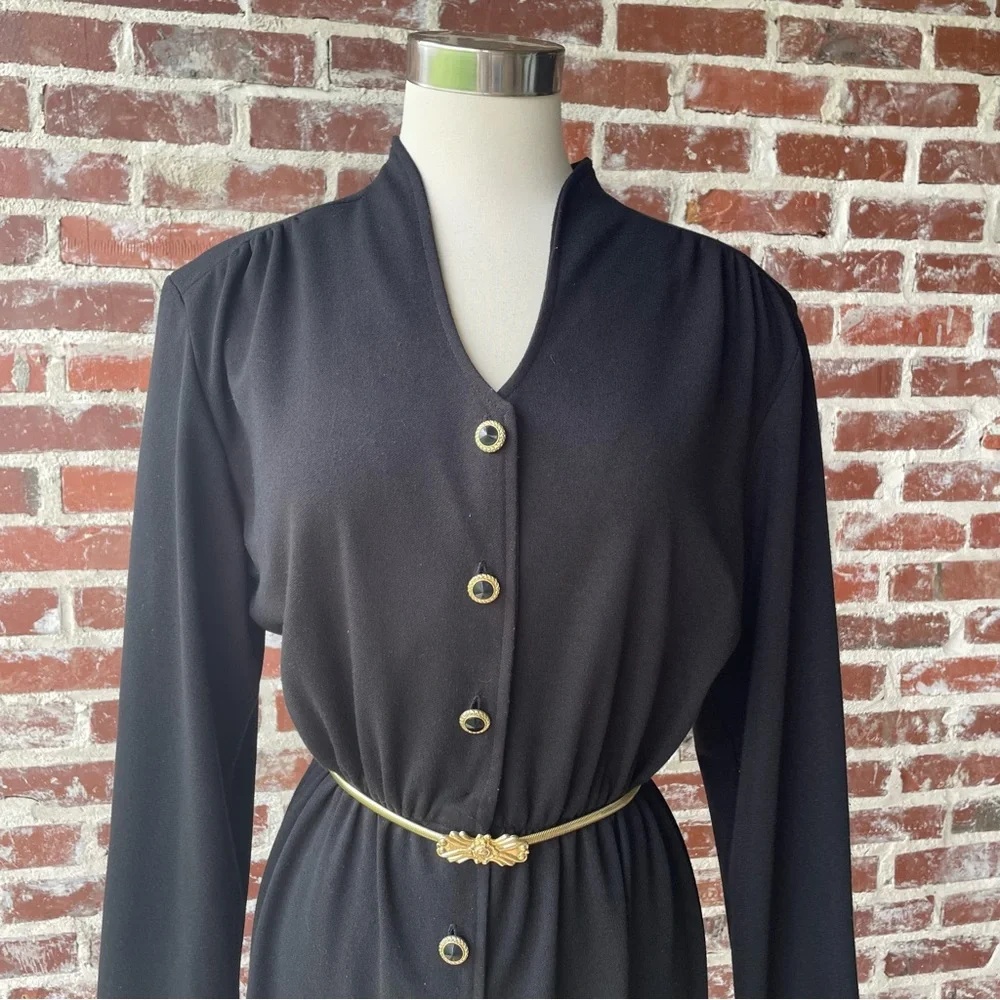 Vintage 70s 80s Black Button Down Long Sleeve Dress - Picture 2 of 6